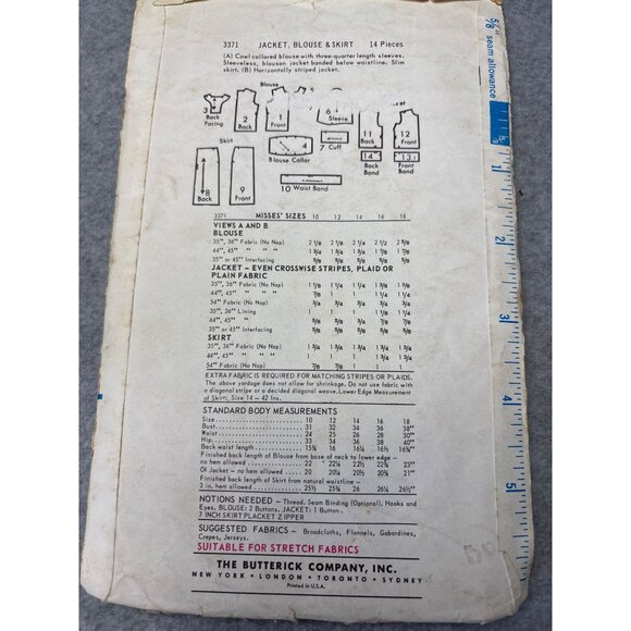 Butterick 3371 Vintage Sewing Pattern Jacket Blouse & Skirt Size 16 Uncut - Picture 3 of 4